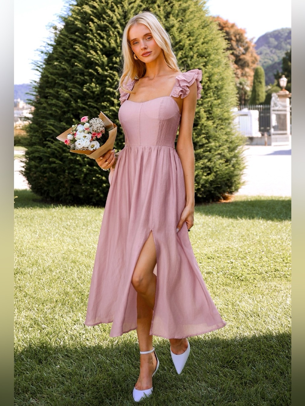 Pink Ruffled Sleeveless Slit Thigh Maxi Dress